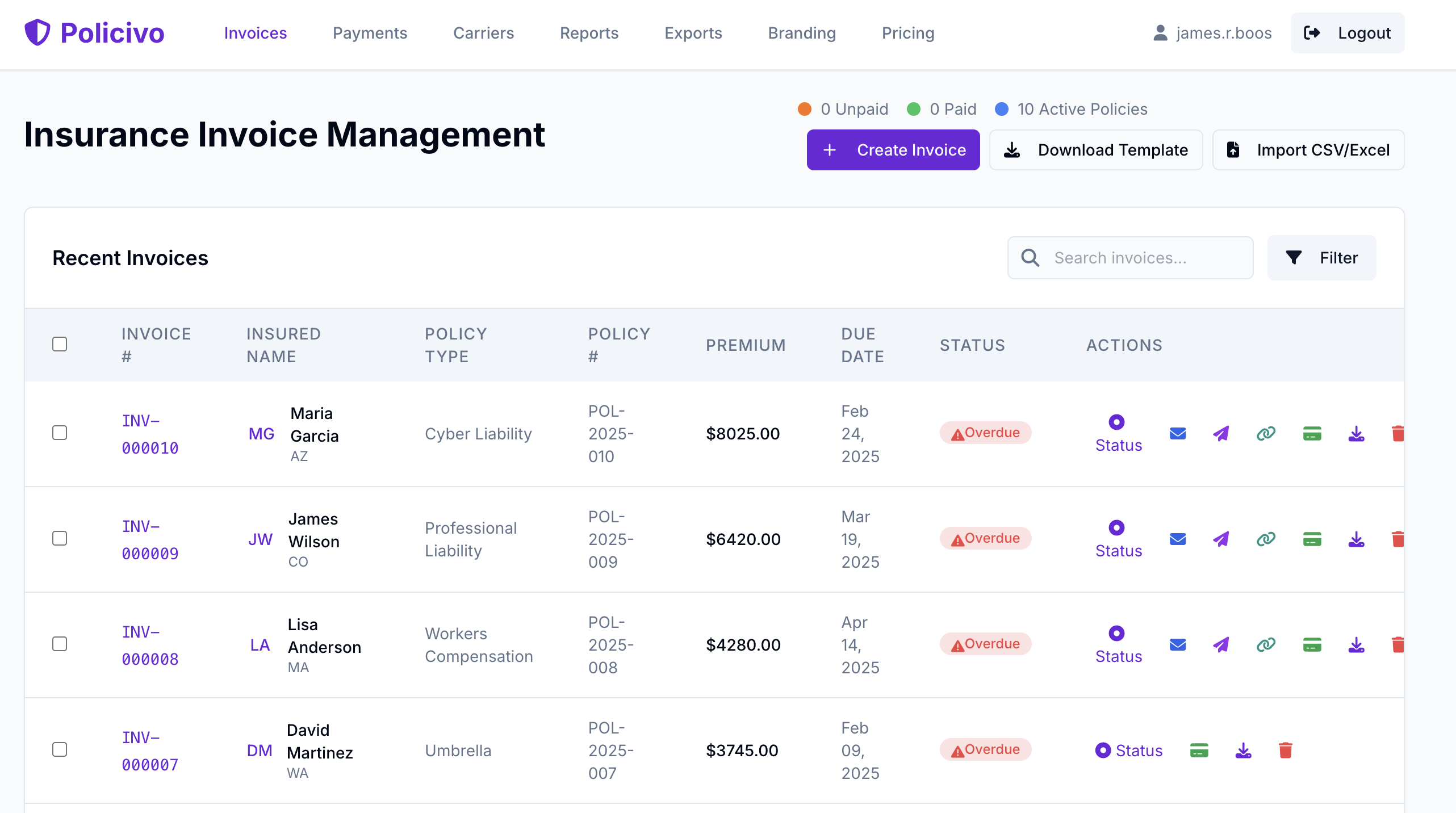 Policivo Invoice Management Dashboard